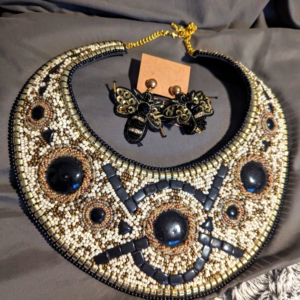 Beaded bib statement necklace and earrings